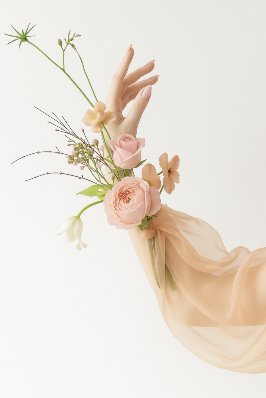 Elegant hand with natural manicure holding a beautiful bouquet of soft pink flowers with flowing ribbon representing smooth natural beauty experience