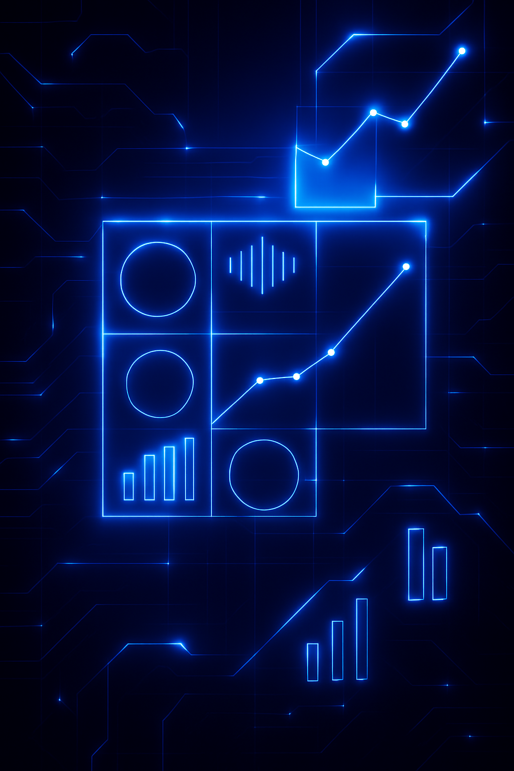 A glowing blue digital dashboard showing various charts and graphs for AI analysis.