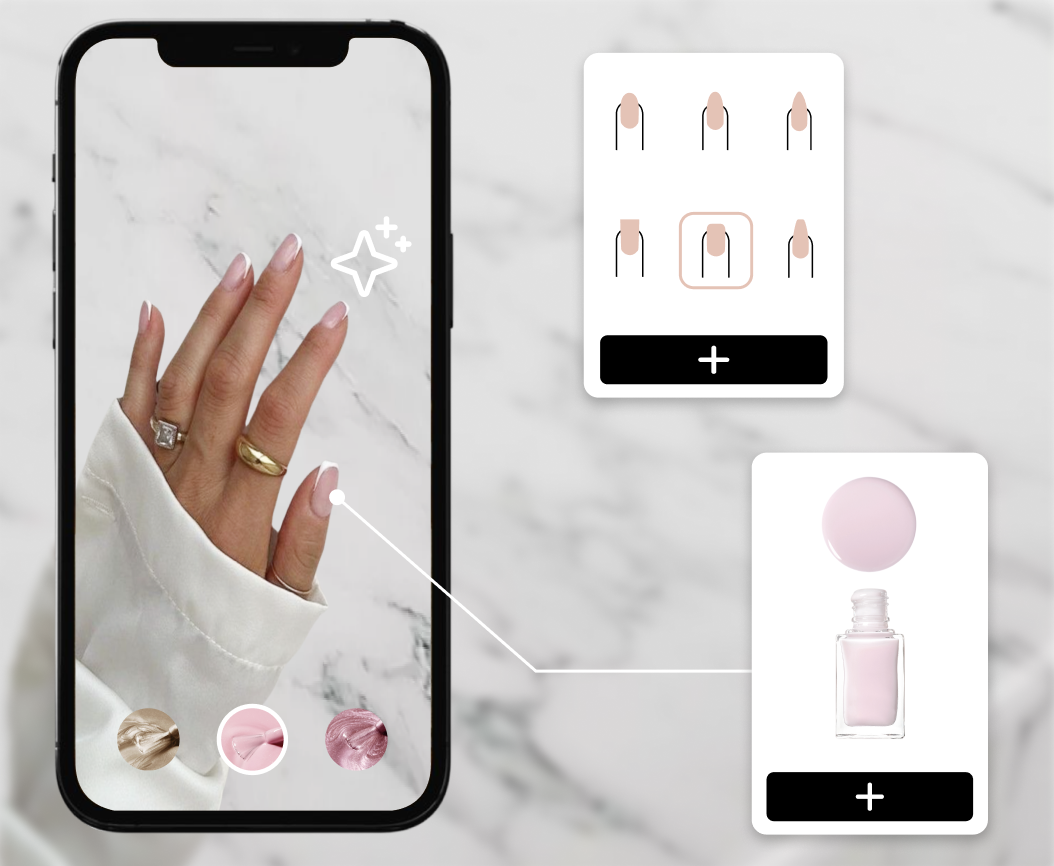 Smartphone displaying AR try-on interface with hand showing nail polish colors and UI elements for nail selection