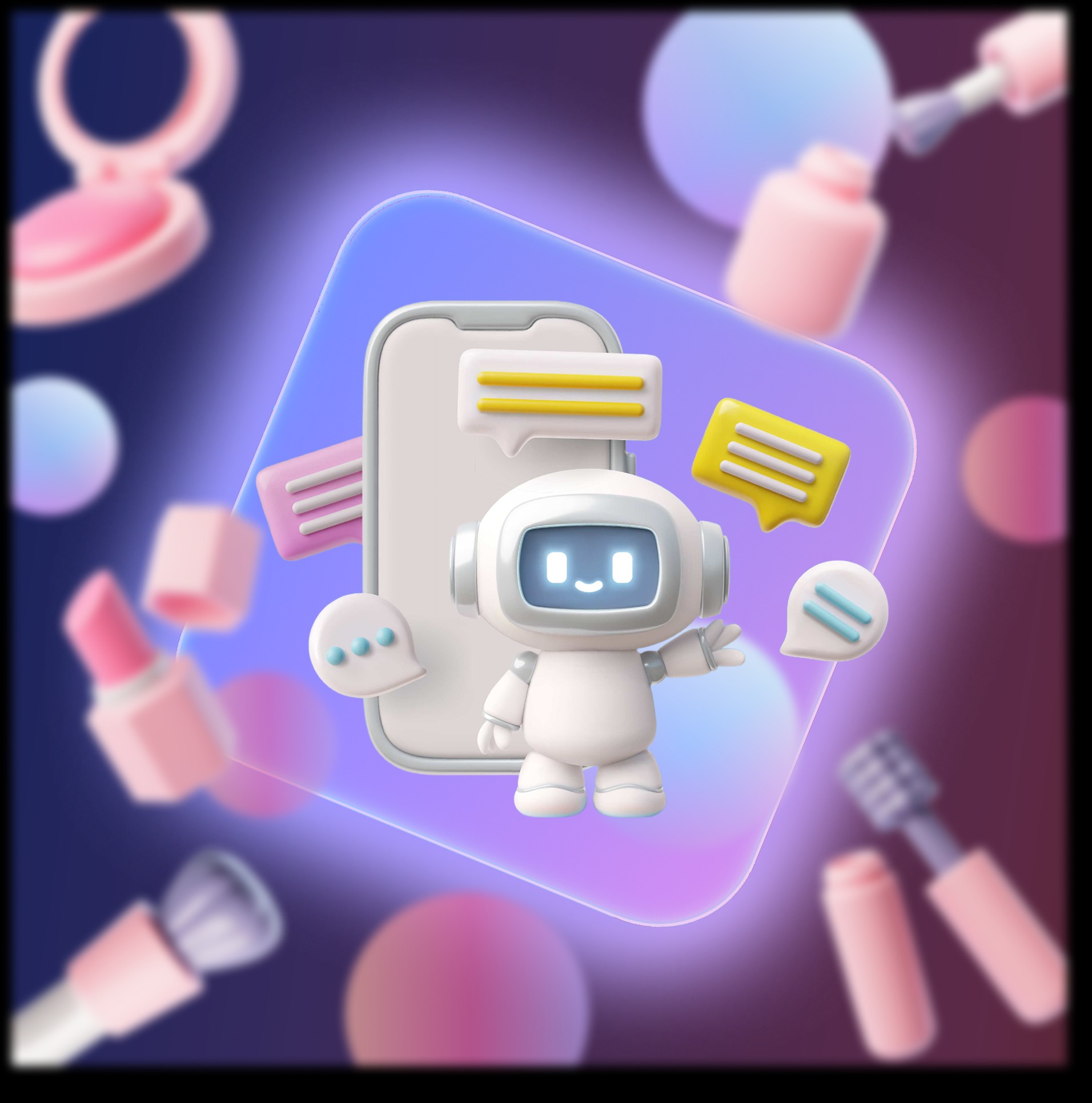 Friendly white robot character with chat bubbles representing AI-powered beauty consultation.